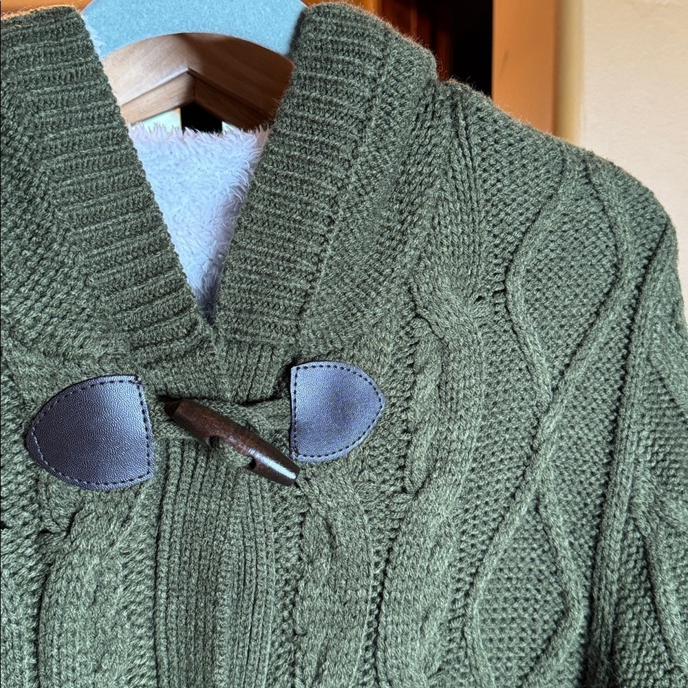 Sidefeel Hooded Cable Knit Cardigan Sherpa Lined Toggle Coat Green Size Large - Picture 9 of 14